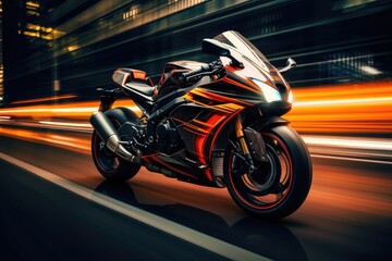 Motorcycle on the road with motion blur background. 3d rendering, EBR racing motorcycle with abstract long exposure dynamic speed light trails in an urban environment city, AI Generated