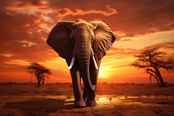 Elephant in the savanna at sunset, 3d render, Elephant against a sunset backdrop, AI Generated