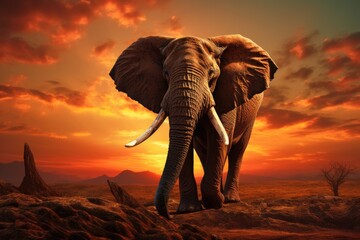 African elephant at sunset, Kruger National Park, South Africa, Elephant against a sunset backdrop, AI Generated