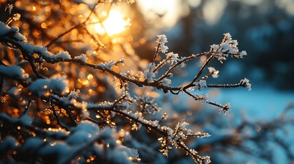 a snowy landscape at sunset, highlighting the snow-covered branches against the warm glow of the setting sun. A tranquil representation of winter’s beauty.