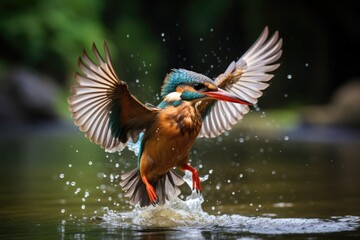 Kingfisher, Alcedo atthis, landing on the water, Female kingfisher emerging from the water after an unsuccessful dive to catch a fish, AI Generated