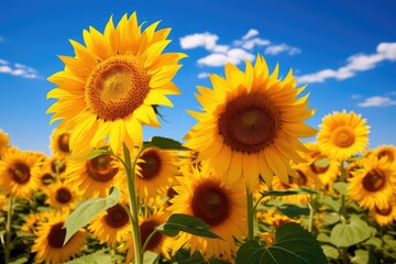 Sunflower field over cloudy blue sky background. Landscape with sunflowers, Field of blooming sunflowers against a blue sky, AI Generated