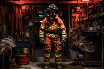 Firefighter in uniform and face mask standing in fire station, emergency concept, Firefighter's bunker suit displayed in the fire station, AI Generated