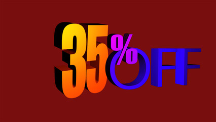 35% off isolated on red background. 35 percent off promotion. 3d 35 percent off discount. Off 35 percent. Sales concept. 3d illustration.