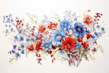 Bouquet of blue and red flowers on a white background, Floral painting with red, white, and blue flowers on a white background, AI Generated