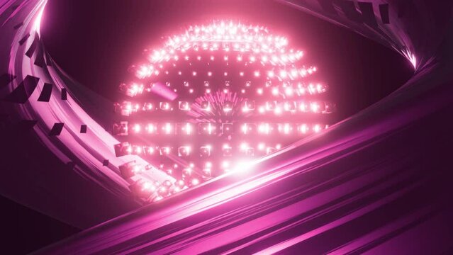 Psychedelic abstract bright disco ball spinning seamless. Glowing pink colors. Seamless loop background. Dance party. 3d render for music performance. Seamless VJ loop animation