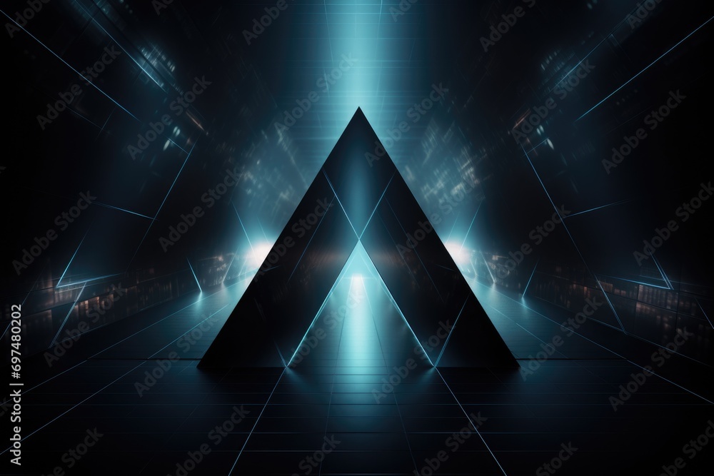 Poster abstract dark futuristic tunnel with blue lights and reflections 3d rendering, futuristic, high-tech