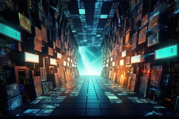 Futuristic hallway with glowing lights, 3d rendering digital illustration, Futuristic Metaverse tunnel with polygon shapes and circuit boards, AI Generated