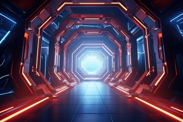 futuristic scifi tunnel corridor with glowing lights 3d rendering, Futuristic Metaverse tunnel with...