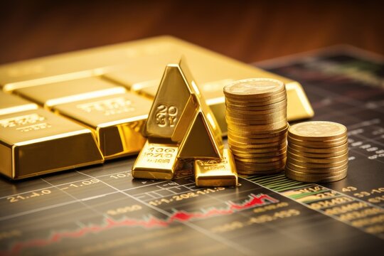 Gold bullion and coins on the background of a financial chart, Gold bullion against stock market charts, AI Generated