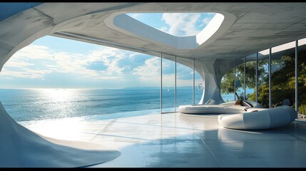 Terrace over the sea, Unfurnished, Futuristic. Generative AI.
