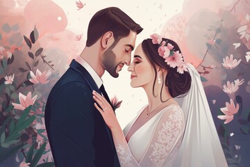 simple wedding postcard illustration, marriage poster illustration, generative ai technology