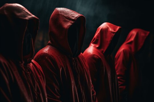 Red hooded figures in a dark environment. Generative AI