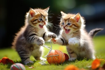 Two kittens chasing a rolling ball of yarn. 