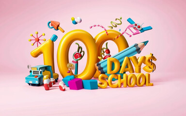 100 days of school school equipment kids school' in arrangement 3d background