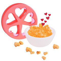 Valentine's movie night cheese popcorn with movie reel on transparent background, 3D rendering