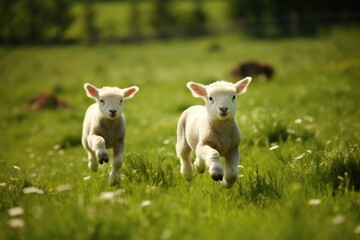 Frolicking lambs in a green meadow.