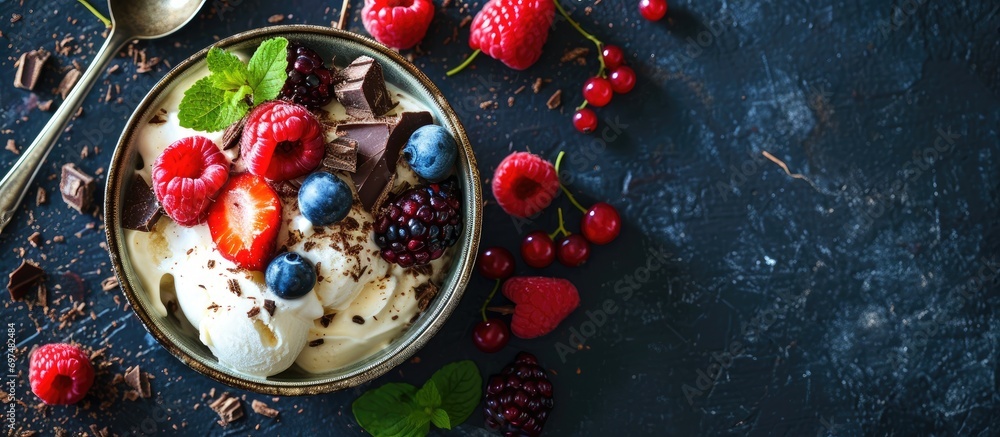 Poster ice cream sundae with berries, vanilla, and chocolate, seen from above with space for text.