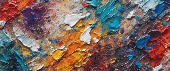 Oil paint in various colors creates a rough and abstract texture on a canvas, using brushes and...