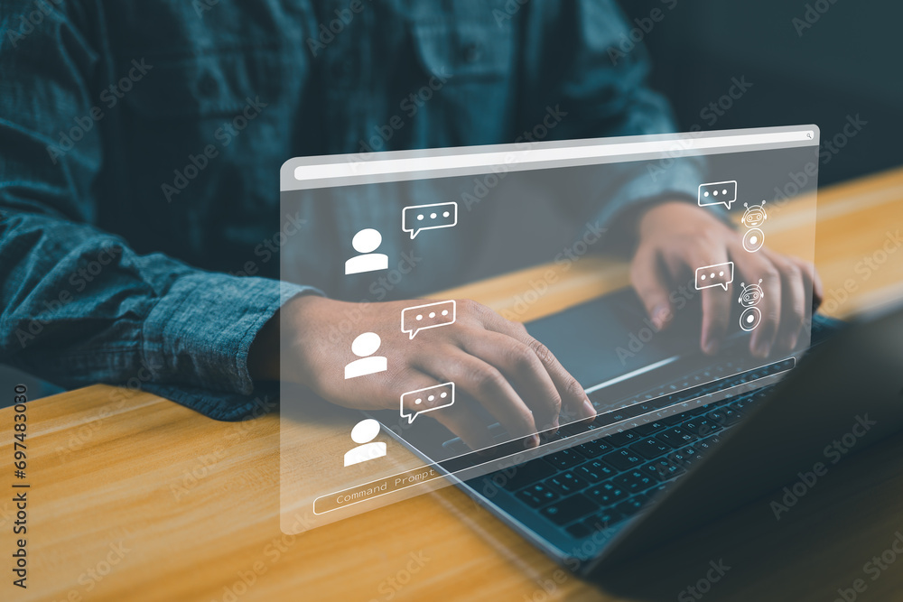 Aufkleber Ai technology. Man using technology smart robot AI, artificial intelligence by enter command prompt for generates something, Futuristic technology transformation. Chat with AI.