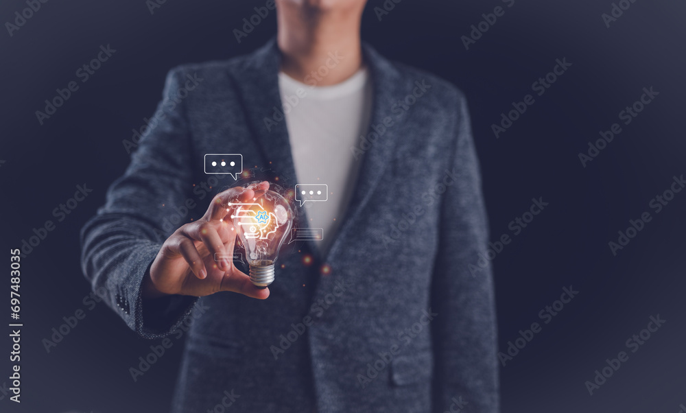 Poster ai, businessman show ideas technology smart robot ai, enter command prompt for generates something, 