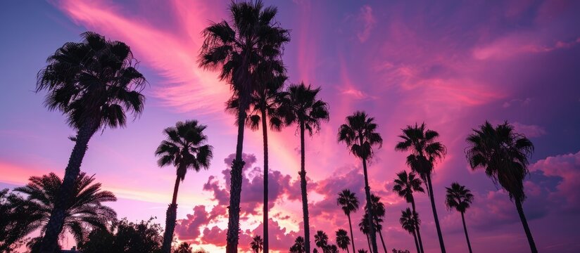 Palm trees' silhouettes at sunset, tinged with purple.