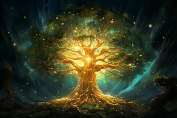 A majestic and illuminated tree that embodies divinity, radiating a sparkling and enchanting glow, symbolizing the cosmic tree of life. Generative AI - obrazy, fototapety, plakaty