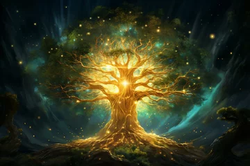 Foto op Canvas A majestic and illuminated tree that embodies divinity, radiating a sparkling and enchanting glow, symbolizing the cosmic tree of life. Generative AI © Kazimir