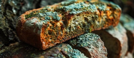 Moldy bread with green mildew.