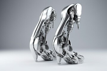 3D rendering of steel robotic leg parts on light background. Generative AI