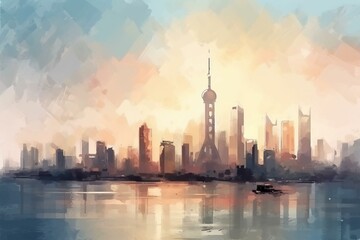 Cityscape illustration in oil painting style with brush stroke texture, inspired by Shanghai, China. Generative AI