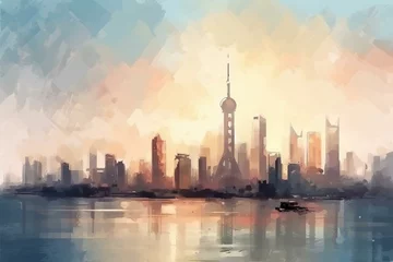 Foto op Plexiglas Cityscape illustration in oil painting style with brush stroke texture, inspired by Shanghai, China. Generative AI © Iezzi