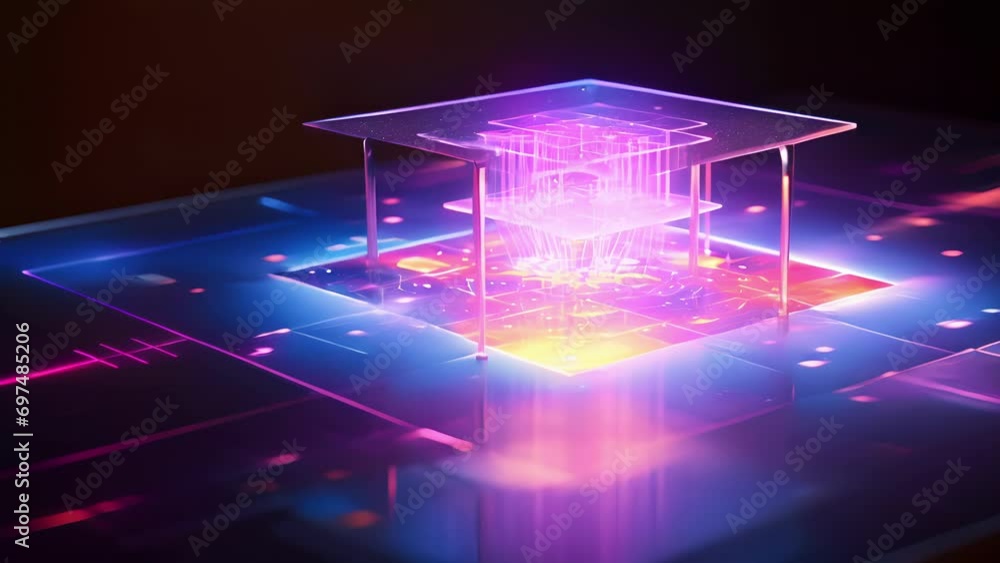 Poster a mesmerizing of a holographic projection, showcasing the tingedge technology of quantum holography 