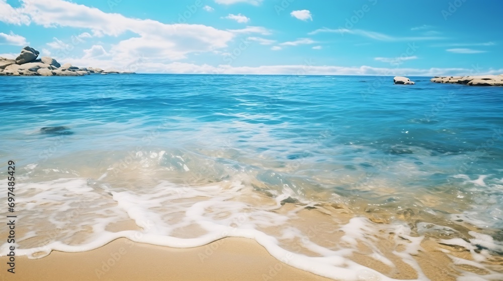 Poster generative ai : sandy beach with white sand and rolling calm wave of turquoise ocean