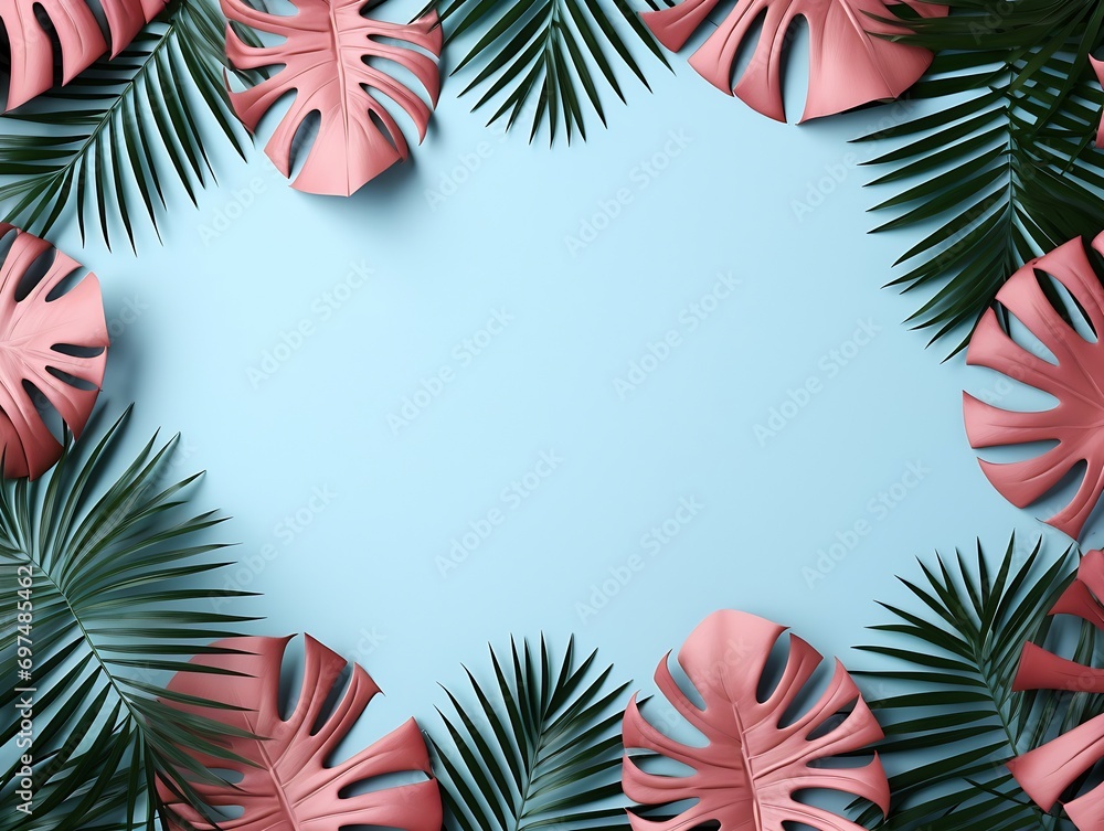 Poster generative ai : top view of tropical leaves and leaf shadows on pink and blue pastel color backgroun