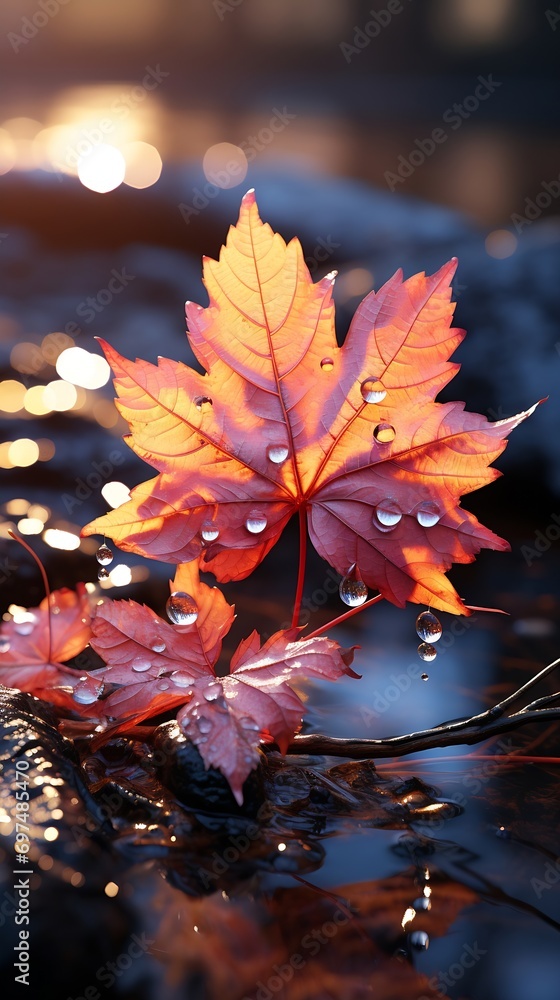 Poster Generative AI : Three red maple leaves falling from a tree