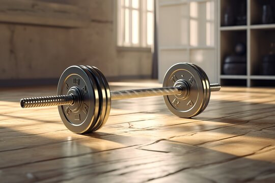 An iron dumbbell on the floor, can be used for weight lifting. generative AI
