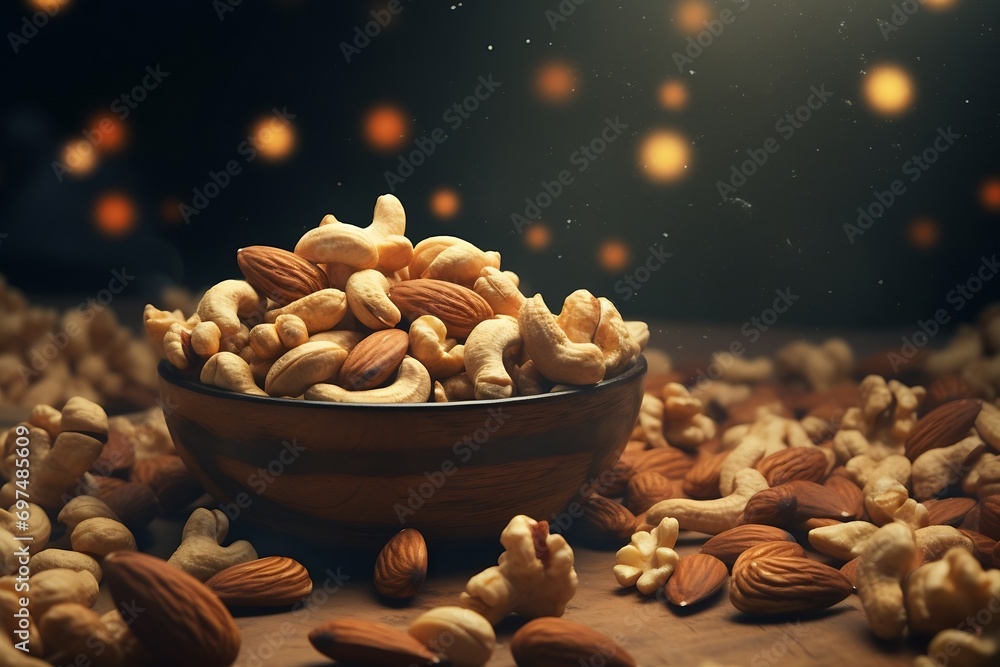 Poster generative ai : flying dried fruits and nuts. the mix of nuts and raisins
