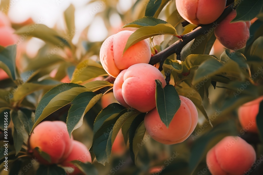 Poster Generative AI : Ripe peach close-up with peach orchard in the background.