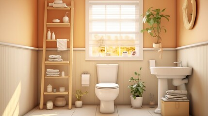 Fototapeta na wymiar Generative AI : Very cozy bathroom with a pink curtain separating the shower