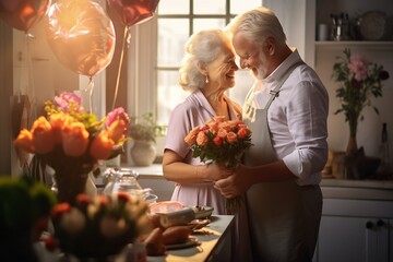 Generative AI : Flowers, love and cooking with a senior couple in a kitchen - obrazy, fototapety, plakaty