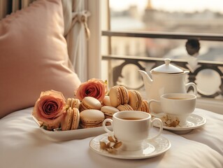 Generative AI : white elegant hotel luxury room parisian vibes, with a breakfast on the bed - obrazy, fototapety, plakaty