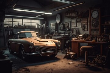 Retro garage with car and tools. Generative AI - obrazy, fototapety, plakaty