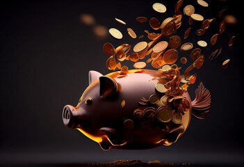 3D render of flying golden coins into piggy bank for financial saving with copy space. Generative AI