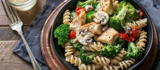Lunch consists of broccoli, chicken, and mushroom pasta salad.