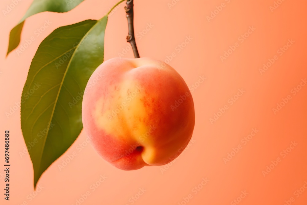 Poster Generative AI : Ripe peach close-up with peach orchard in the background.