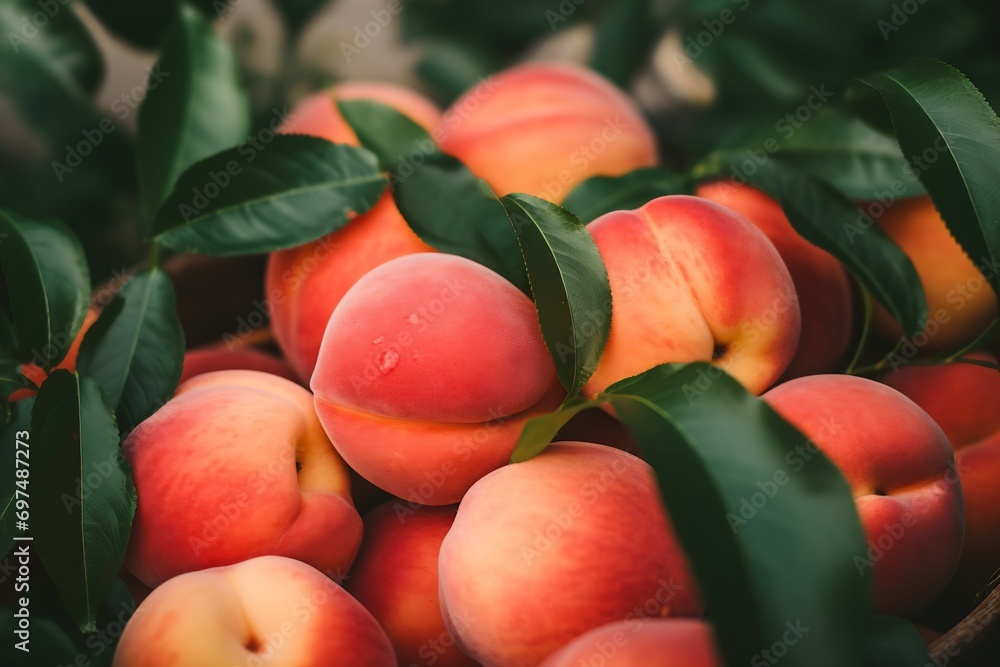Poster Generative AI : Ripe peach close-up with peach orchard in the background.