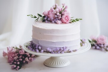 Fototapeta na wymiar Generative AI : wedding cake with lilac and cream roses and purple ribbon