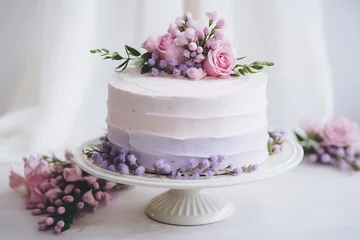 Foto op Plexiglas Generative AI : wedding cake with lilac and cream roses and purple ribbon © The Little Hut
