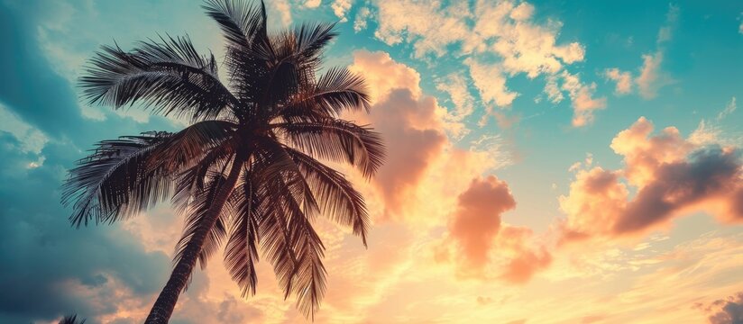 Vintage toned palm tree against sunset sky with abstract cloud background, representing summer vacation and nature travel.